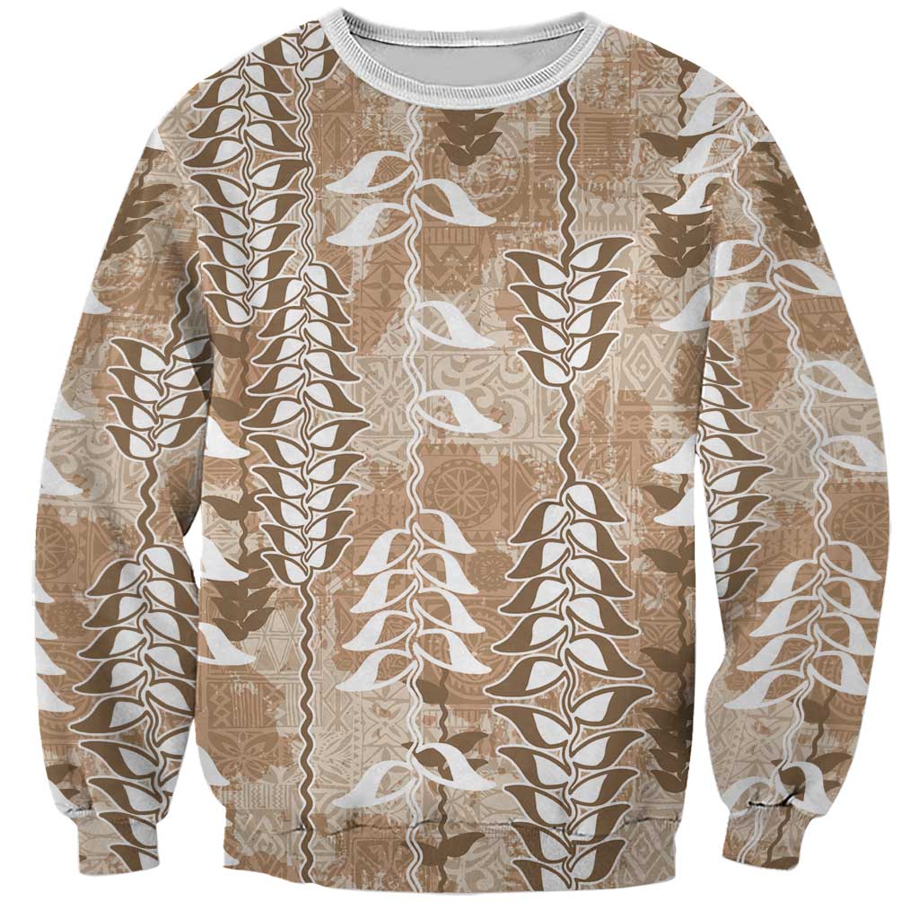 Beige Hawaii Tapa Pattern Sweatshirt With Heliconia Vintage Style