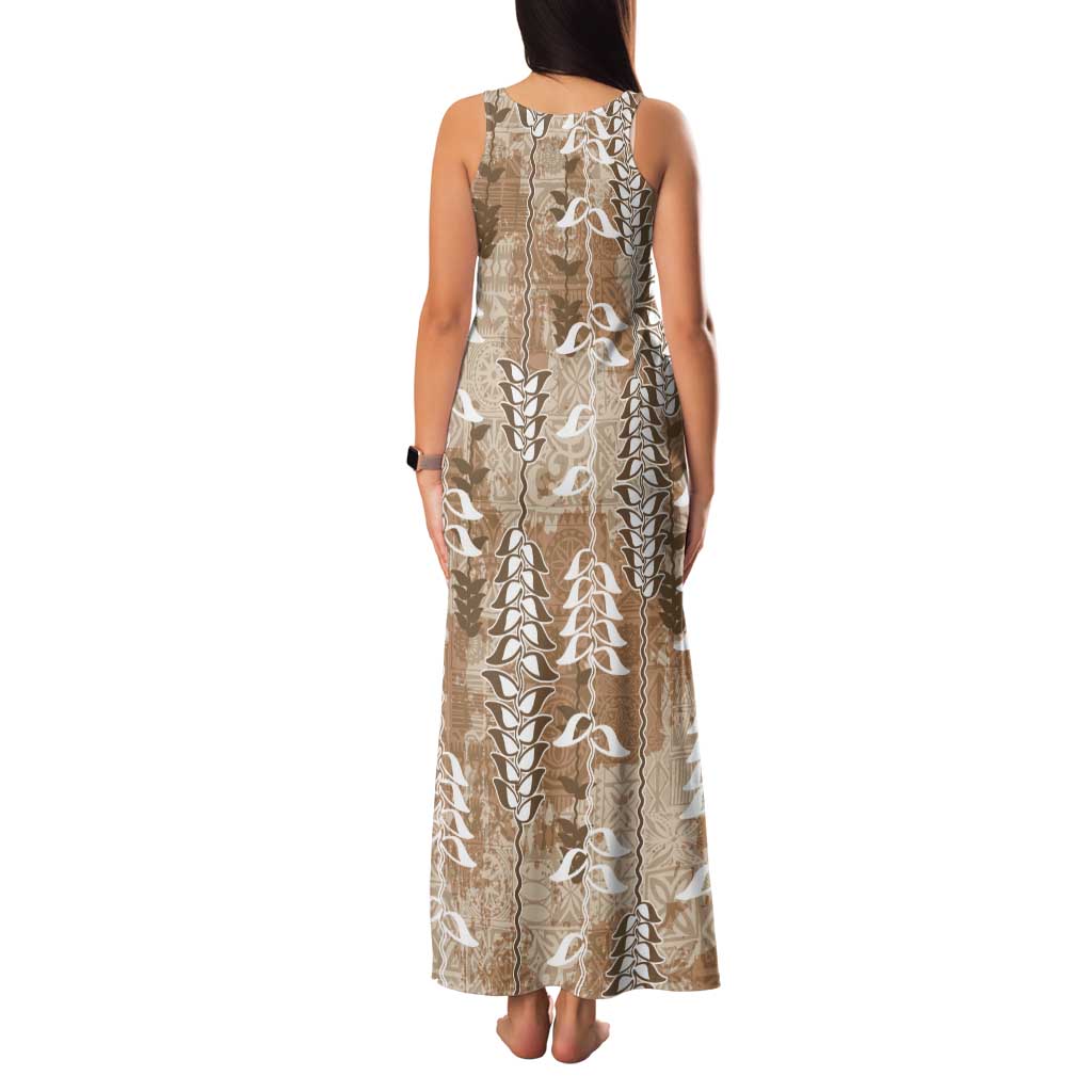 Beige Hawaii Tapa Pattern Tank Maxi Dress With Heliconia Vintage Style