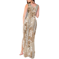 Beige Hawaii Tapa Pattern Tank Maxi Dress With Heliconia Vintage Style
