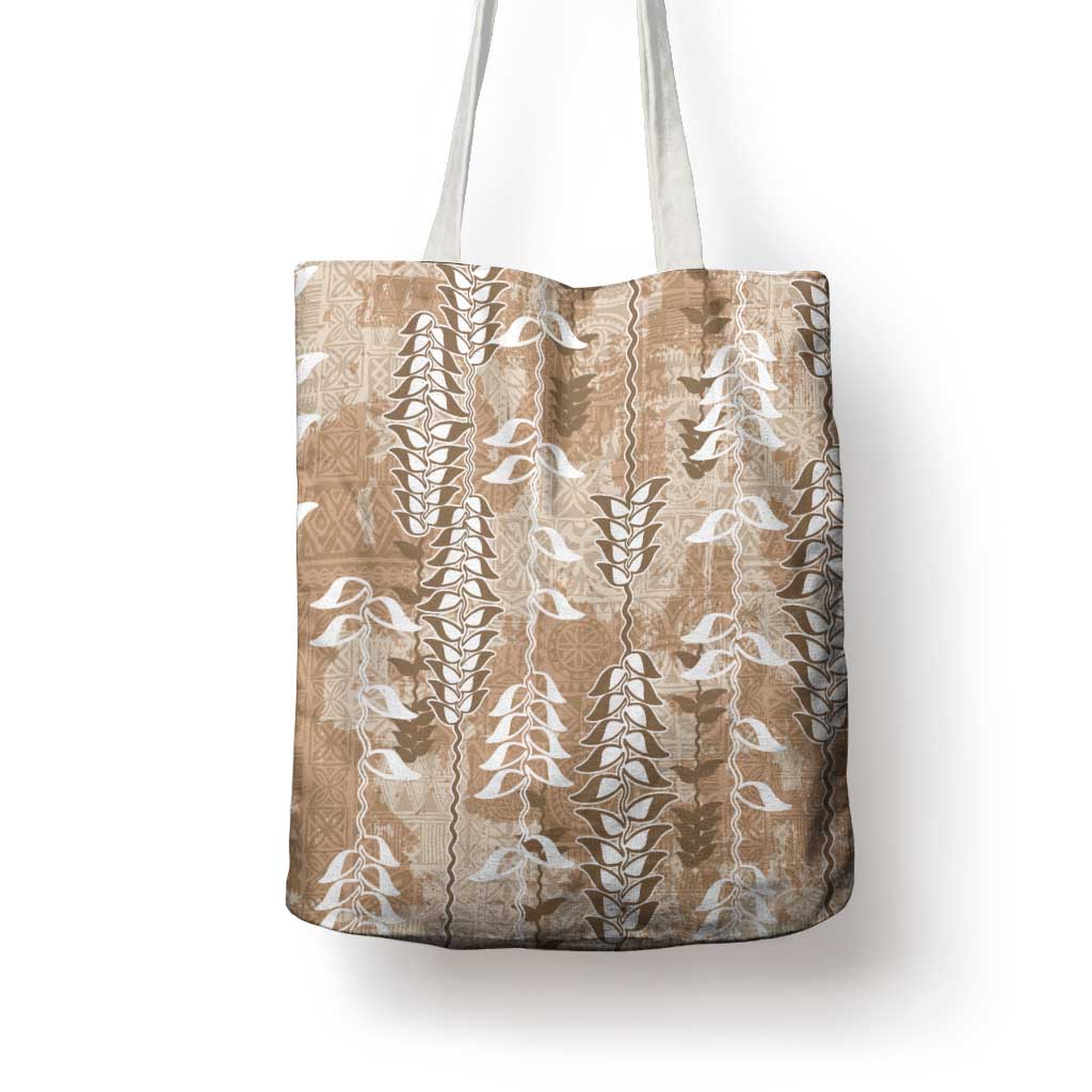 Beige Hawaii Tapa Pattern Tote Bag With Heliconia Vintage Style
