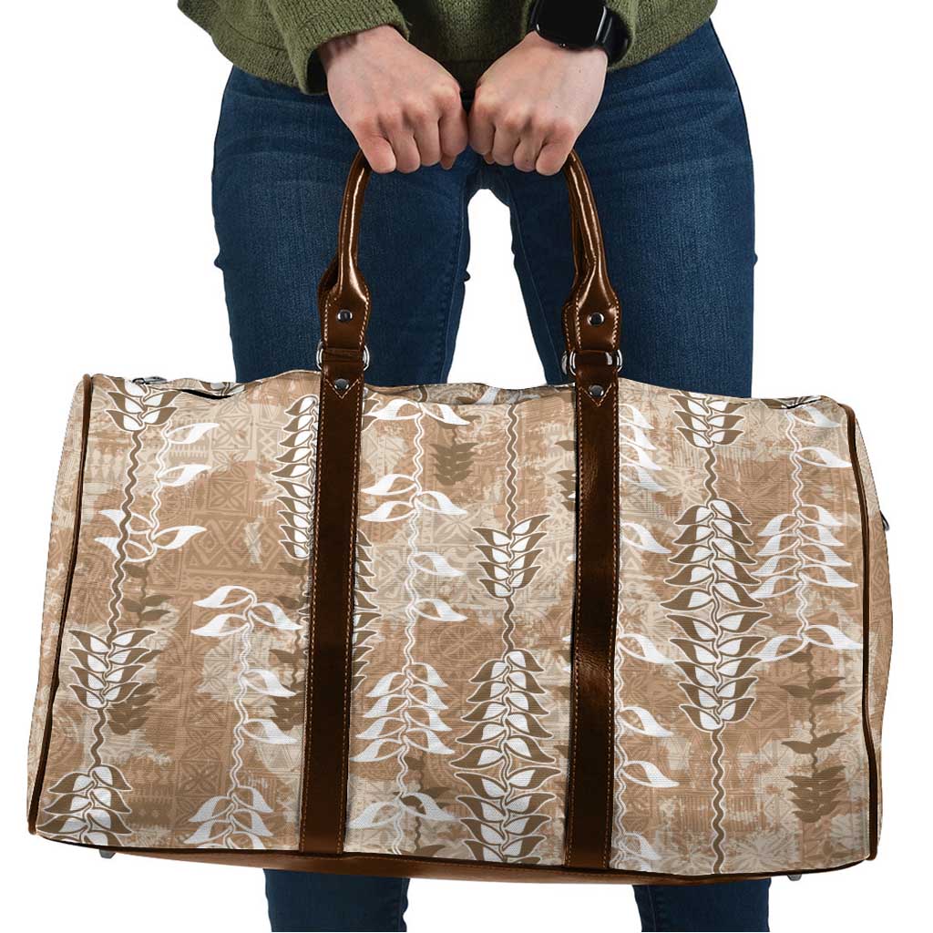 Beige Hawaii Tapa Pattern Travel Bag With Heliconia Vintage Style