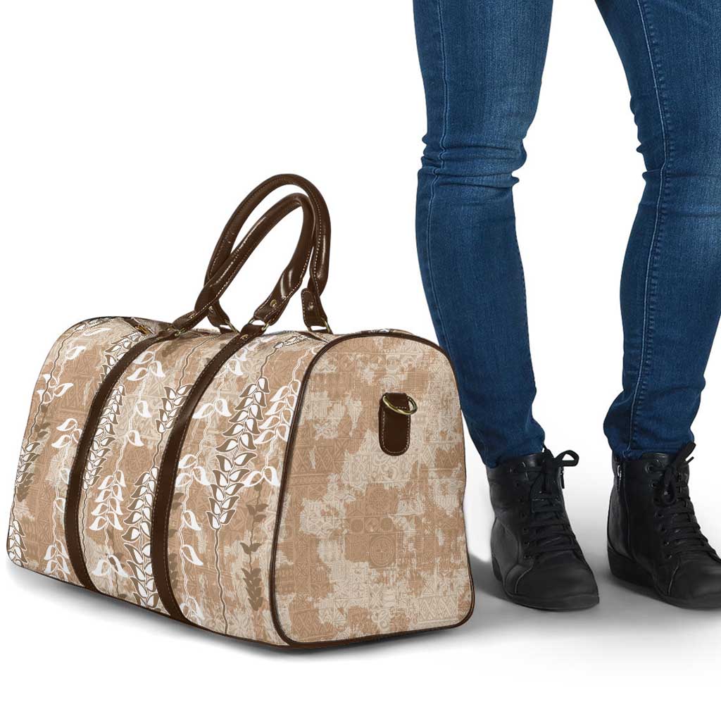 Beige Hawaii Tapa Pattern Travel Bag With Heliconia Vintage Style