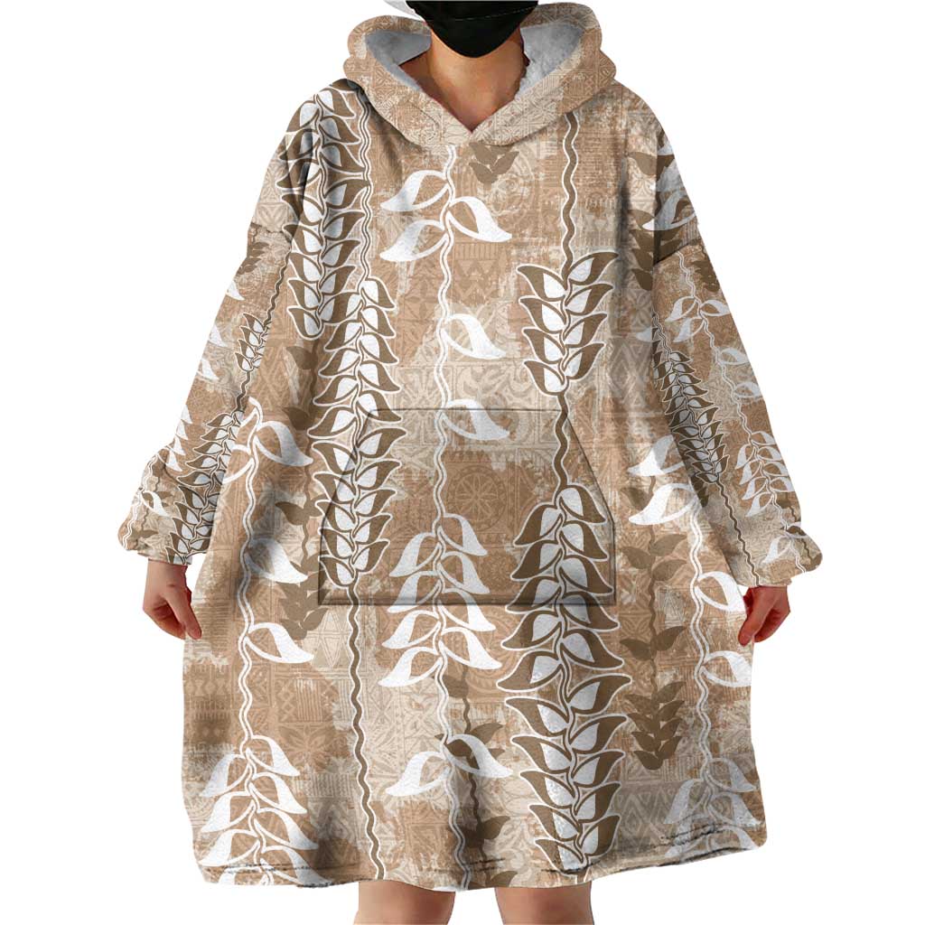 Beige Hawaii Tapa Pattern Wearable Blanket Hoodie With Heliconia Vintage Style