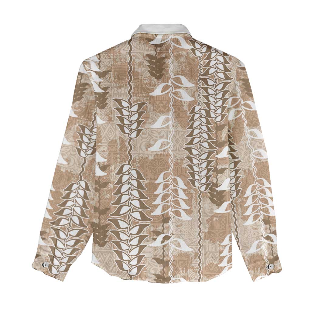 Beige Hawaii Tapa Pattern Women Casual Shirt With Heliconia Vintage Style