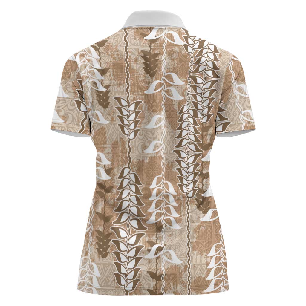 Beige Hawaii Tapa Pattern Women Polo Shirt With Heliconia Vintage Style