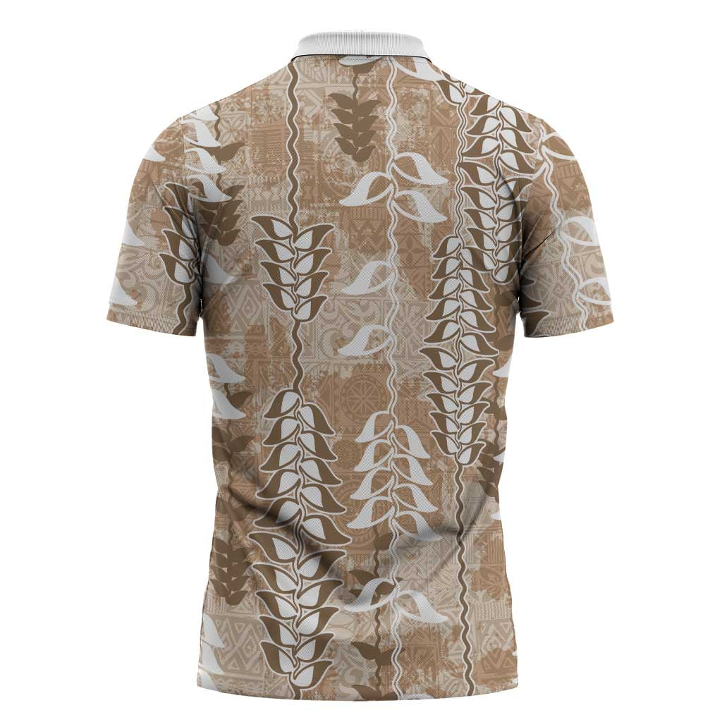Beige Hawaii Tapa Pattern Zipper Polo Shirt With Heliconia Vintage Style