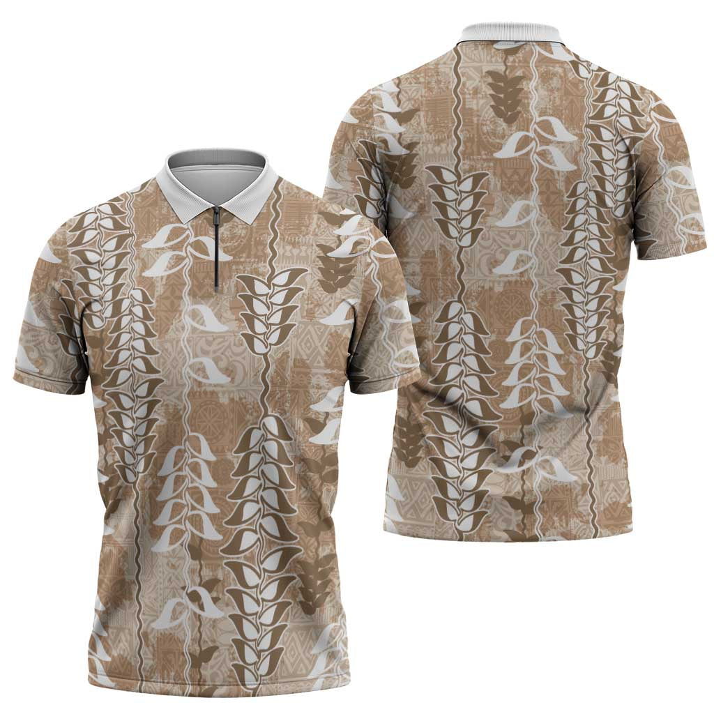 Beige Hawaii Tapa Pattern Zipper Polo Shirt With Heliconia Vintage Style