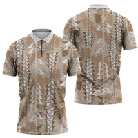Beige Hawaii Tapa Pattern Zipper Polo Shirt With Heliconia Vintage Style