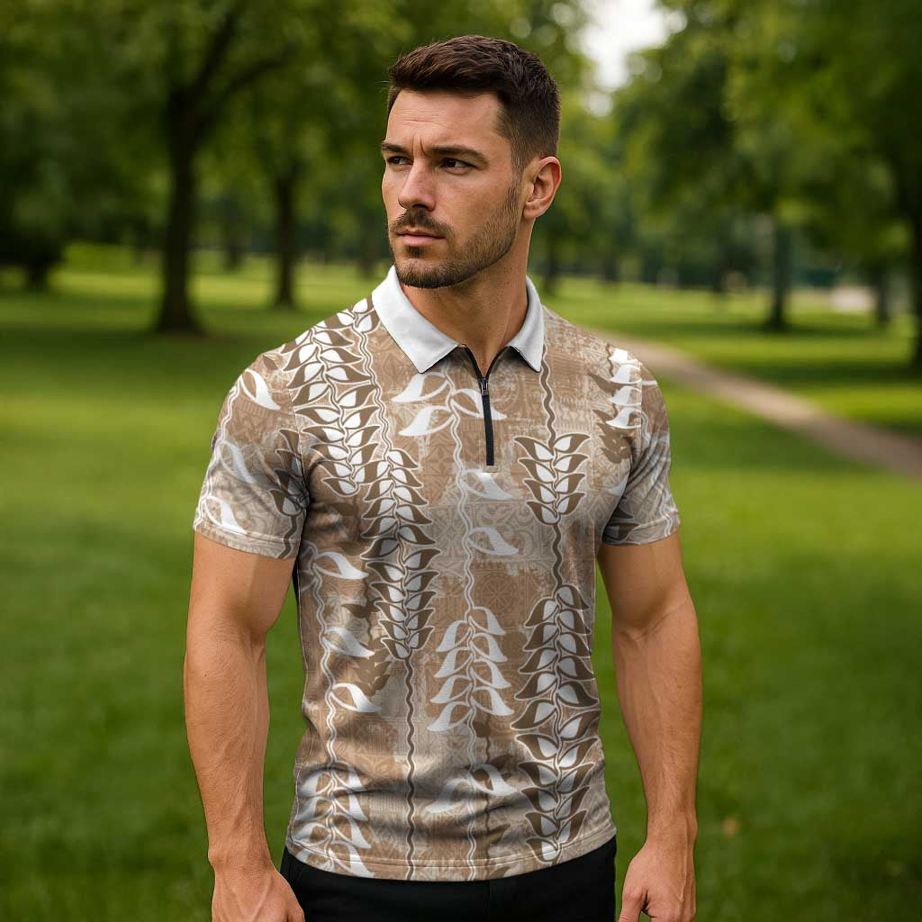 Beige Hawaii Tapa Pattern Zipper Polo Shirt With Heliconia Vintage Style