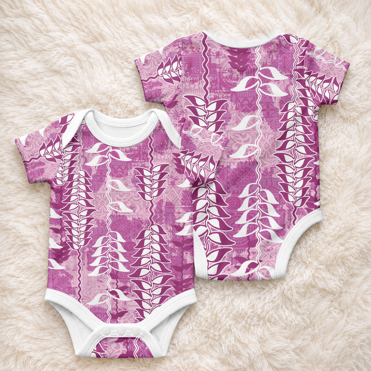 Magenta Hawaii Tapa Pattern Baby Onesie With Heliconia Vintage Style LT05 - Polynesian Pride