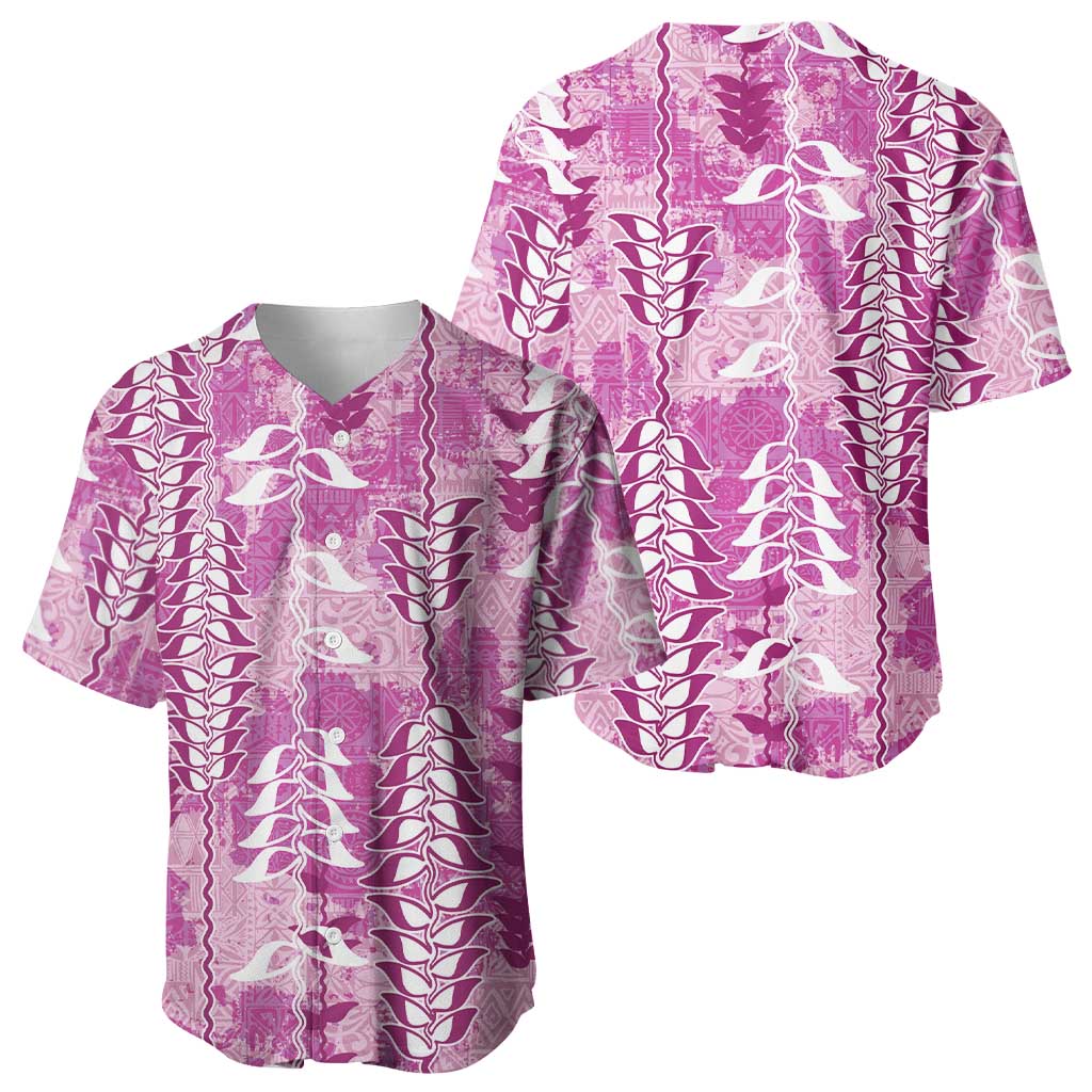 Magenta Hawaii Tapa Pattern Baseball Jersey With Heliconia Vintage Style
