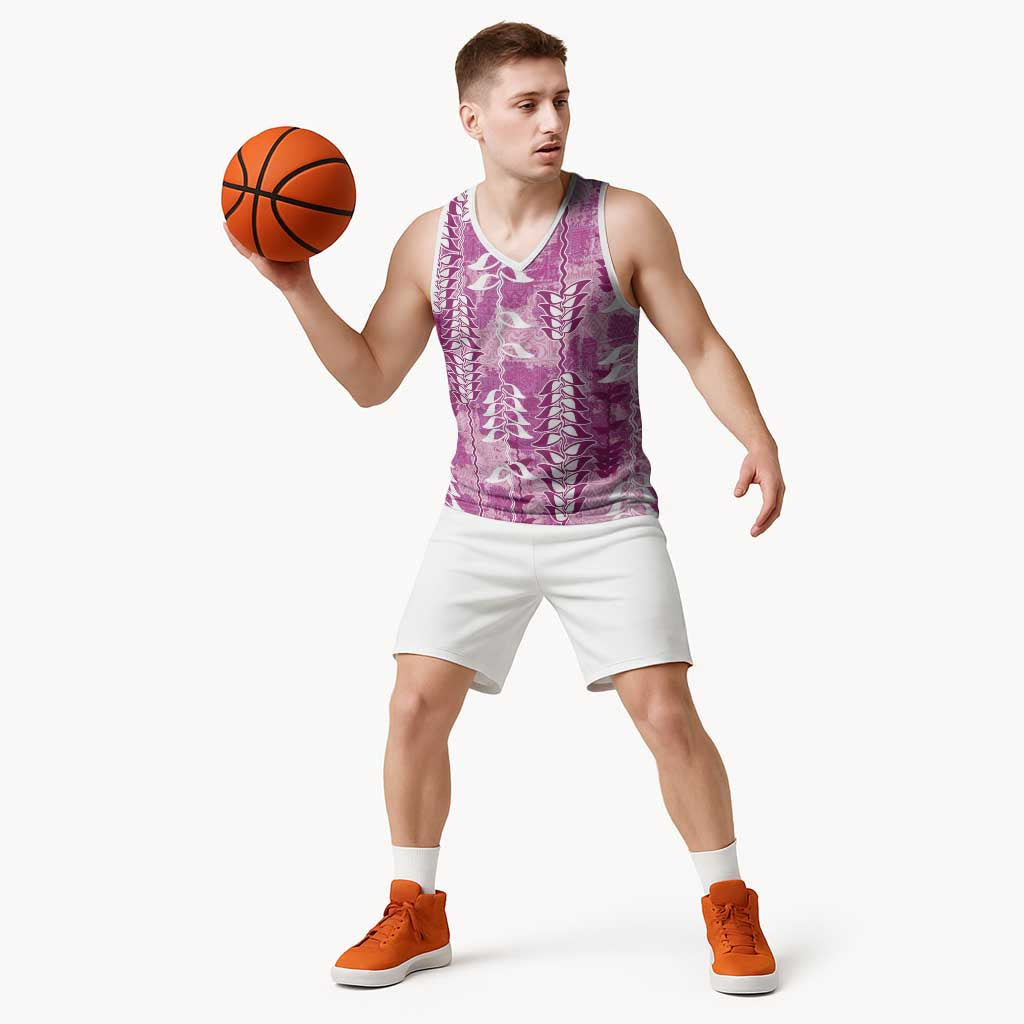 Magenta Hawaii Tapa Pattern Basketball Jersey With Heliconia Vintage Style