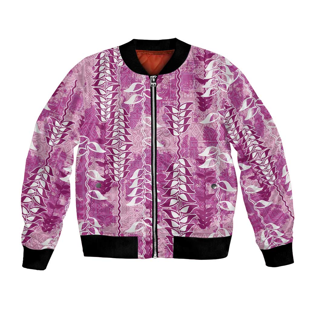 Magenta Hawaii Tapa Pattern Bomber Jacket With Heliconia Vintage Style