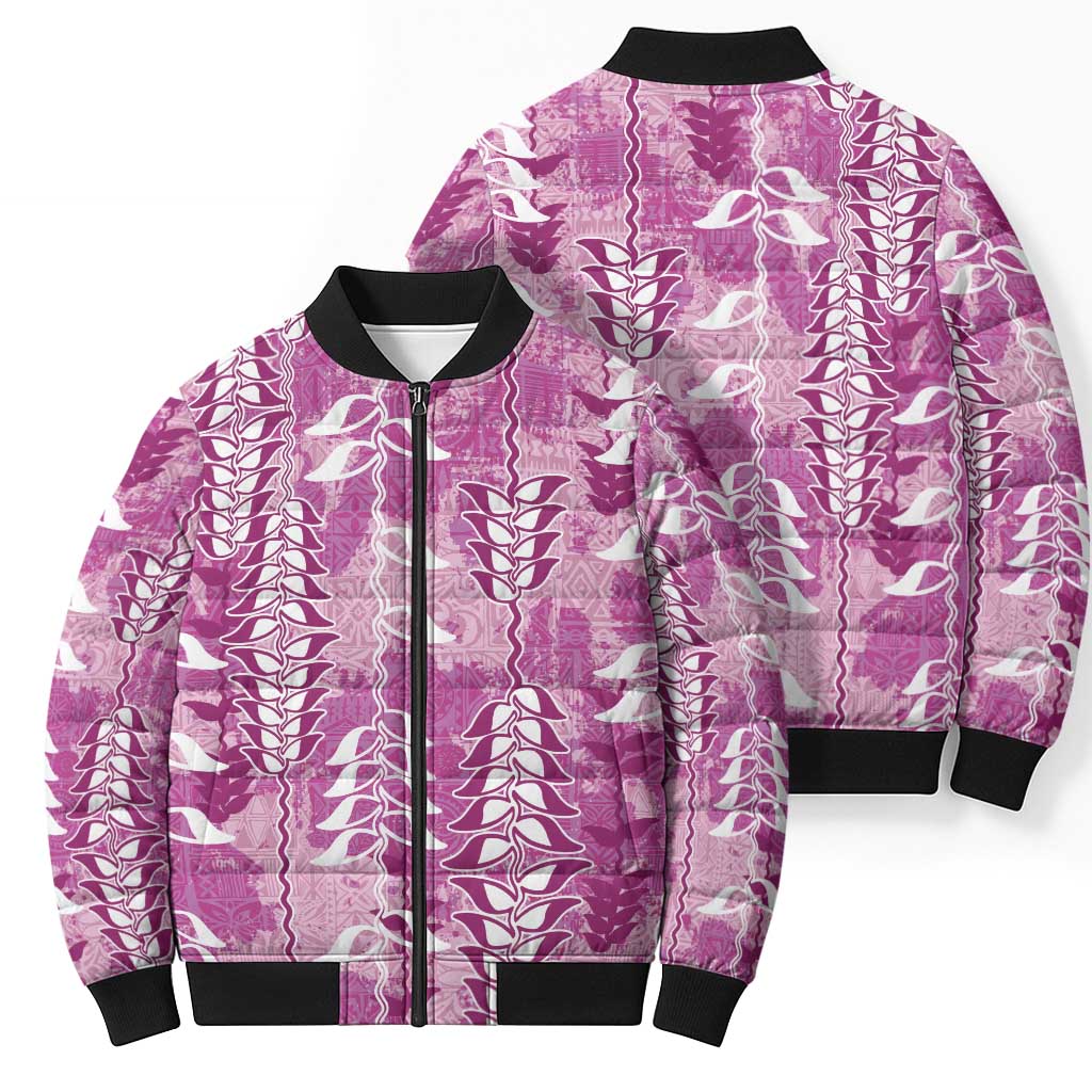 Magenta Hawaii Tapa Pattern Bomber Puffer Jacket With Heliconia Vintage Style