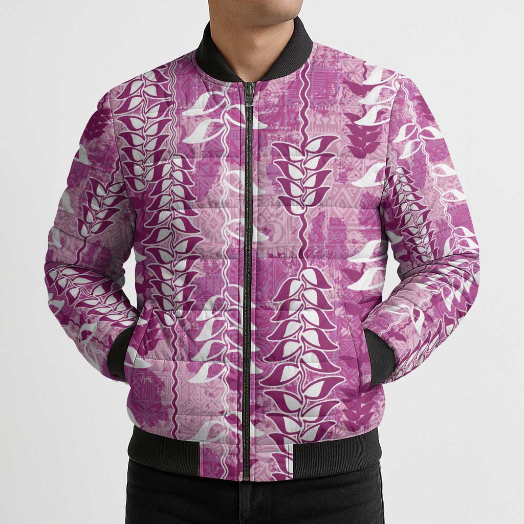 Magenta Hawaii Tapa Pattern Bomber Puffer Jacket With Heliconia Vintage Style