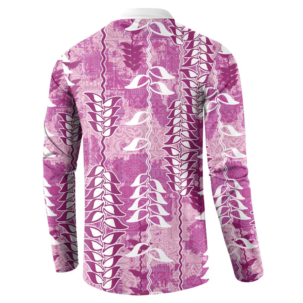 Magenta Hawaii Tapa Pattern Button Sweatshirt With Heliconia Vintage Style