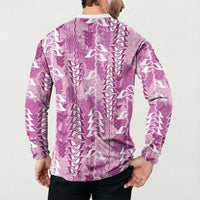 Magenta Hawaii Tapa Pattern Button Sweatshirt With Heliconia Vintage Style
