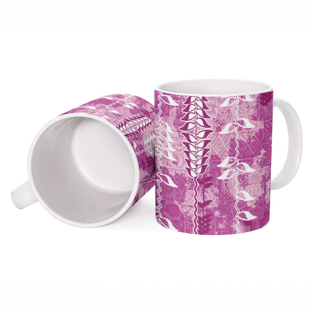 Magenta Hawaii Tapa Pattern Ceramic Mug With Heliconia Vintage Style
