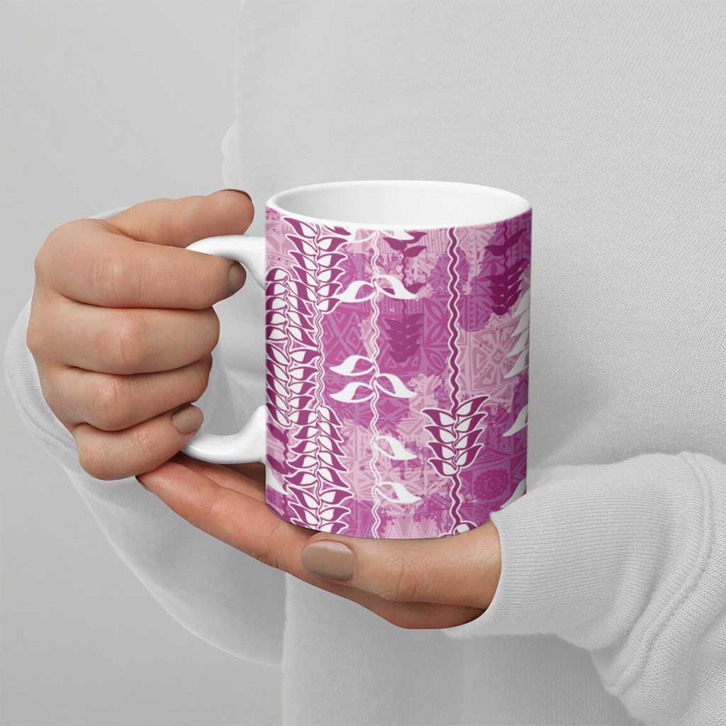 Magenta Hawaii Tapa Pattern Ceramic Mug With Heliconia Vintage Style