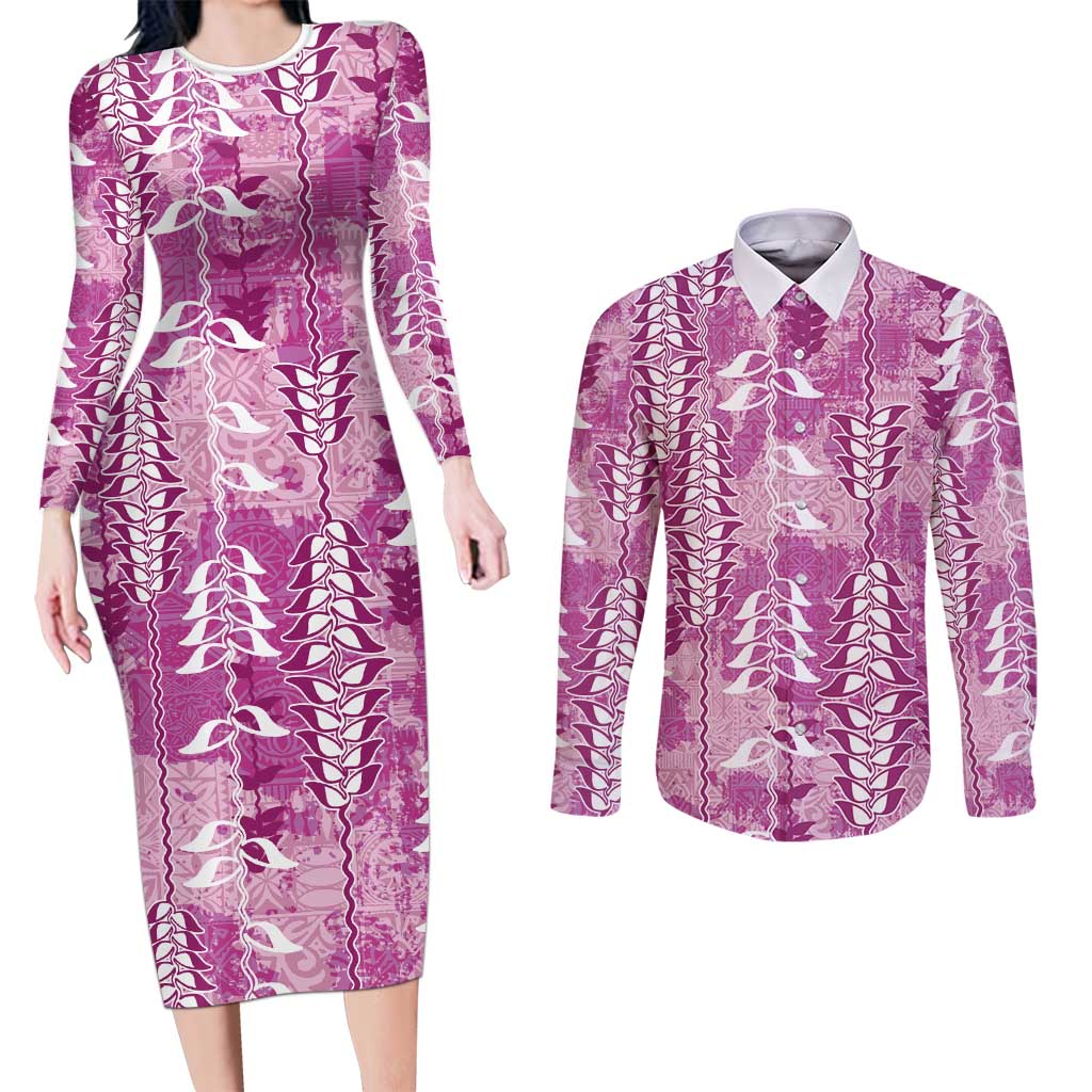 Magenta Hawaii Tapa Pattern Couples Matching Long Sleeve Bodycon Dress and Long Sleeve Button Shirt With Heliconia Vintage Style