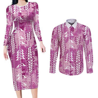 Magenta Hawaii Tapa Pattern Couples Matching Long Sleeve Bodycon Dress and Long Sleeve Button Shirt With Heliconia Vintage Style