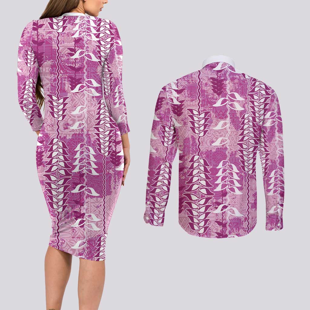 Magenta Hawaii Tapa Pattern Couples Matching Long Sleeve Bodycon Dress and Long Sleeve Button Shirt With Heliconia Vintage Style