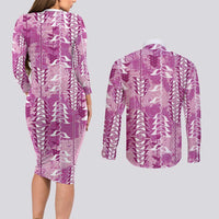 Magenta Hawaii Tapa Pattern Couples Matching Long Sleeve Bodycon Dress and Long Sleeve Button Shirt With Heliconia Vintage Style