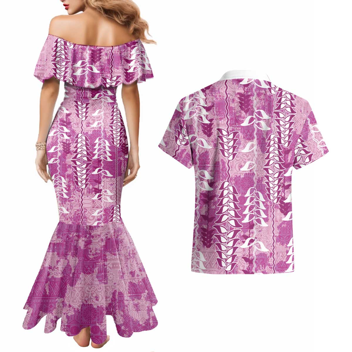 Magenta Hawaii Tapa Pattern Couples Matching Mermaid Dress and Hawaiian Shirt With Heliconia Vintage Style