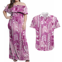 Magenta Hawaii Tapa Pattern Couples Matching Off Shoulder Maxi Dress and Hawaiian Shirt With Heliconia Vintage Style