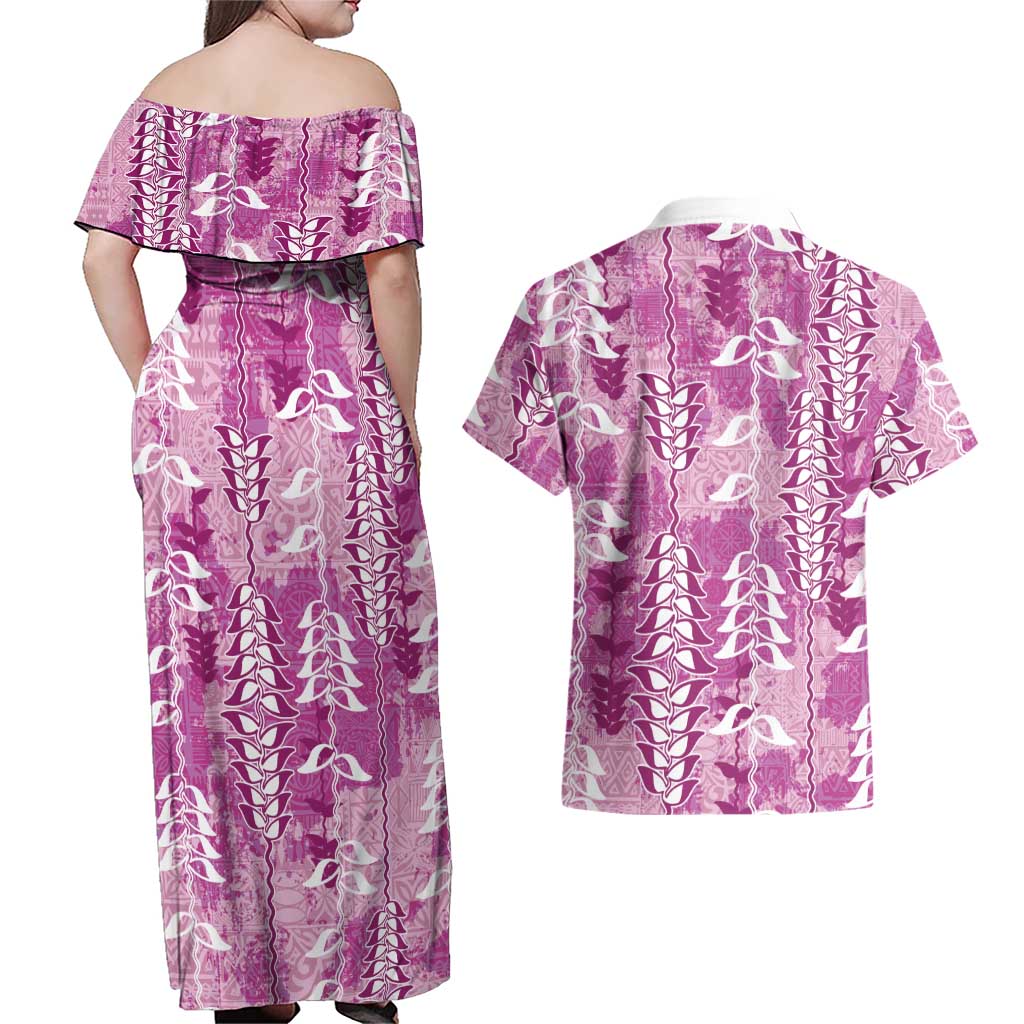 Magenta Hawaii Tapa Pattern Couples Matching Off Shoulder Maxi Dress and Hawaiian Shirt With Heliconia Vintage Style