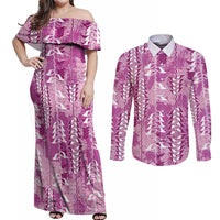 Magenta Hawaii Tapa Pattern Couples Matching Off Shoulder Maxi Dress and Long Sleeve Button Shirt With Heliconia Vintage Style