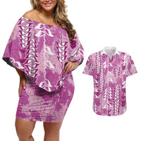 Magenta Hawaii Tapa Pattern Couples Matching Off Shoulder Short Dress and Hawaiian Shirt With Heliconia Vintage Style