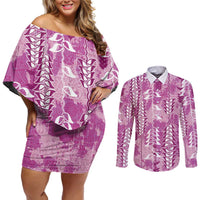 Magenta Hawaii Tapa Pattern Couples Matching Off Shoulder Short Dress and Long Sleeve Button Shirt With Heliconia Vintage Style