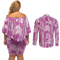 Magenta Hawaii Tapa Pattern Couples Matching Off Shoulder Short Dress and Long Sleeve Button Shirt With Heliconia Vintage Style