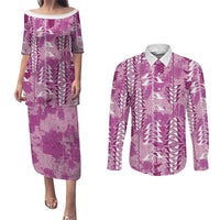 Magenta Hawaii Tapa Pattern Couples Matching Puletasi and Long Sleeve Button Shirt With Heliconia Vintage Style