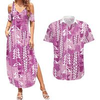 Magenta Hawaii Tapa Pattern Couples Matching Summer Maxi Dress and Hawaiian Shirt With Heliconia Vintage Style