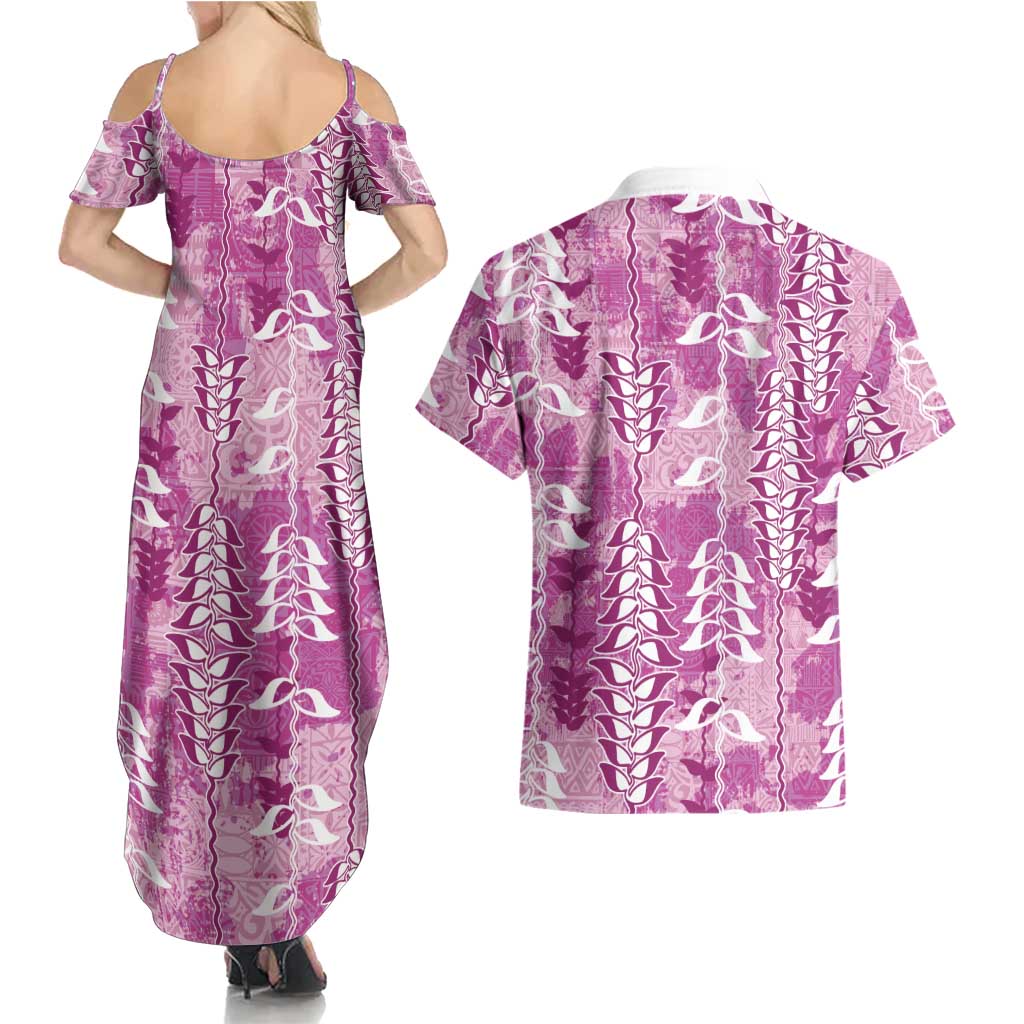 Magenta Hawaii Tapa Pattern Couples Matching Summer Maxi Dress and Hawaiian Shirt With Heliconia Vintage Style