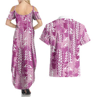Magenta Hawaii Tapa Pattern Couples Matching Summer Maxi Dress and Hawaiian Shirt With Heliconia Vintage Style
