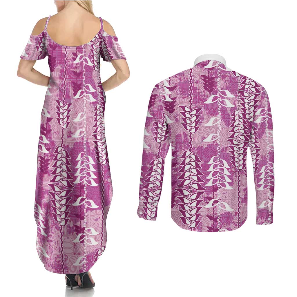Magenta Hawaii Tapa Pattern Couples Matching Summer Maxi Dress and Long Sleeve Button Shirt With Heliconia Vintage Style