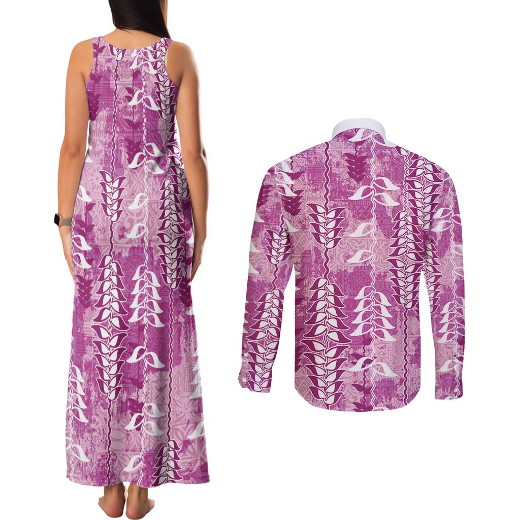 Magenta Hawaii Tapa Pattern Couples Matching Tank Maxi Dress and Long Sleeve Button Shirt With Heliconia Vintage Style