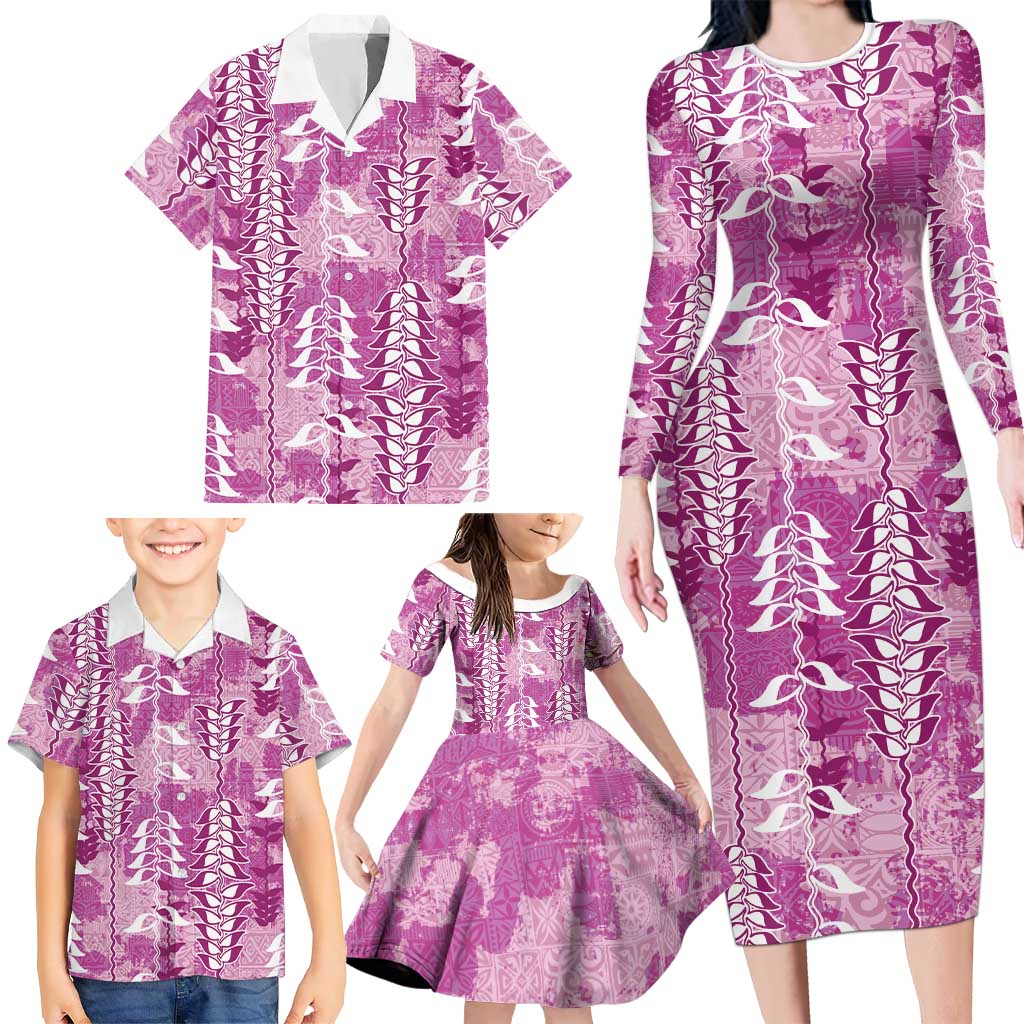 Magenta Hawaii Tapa Pattern Family Matching Long Sleeve Bodycon Dress and Hawaiian Shirt With Heliconia Vintage Style LT05 - Polynesian Pride