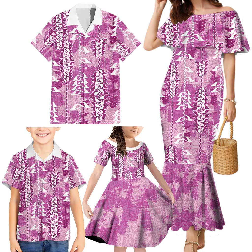 Magenta Hawaii Tapa Pattern Family Matching Mermaid Dress and Hawaiian Shirt With Heliconia Vintage Style LT05 - Polynesian Pride