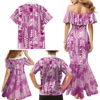 Magenta Hawaii Tapa Pattern Family Matching Mermaid Dress and Hawaiian Shirt With Heliconia Vintage Style LT05 - Polynesian Pride