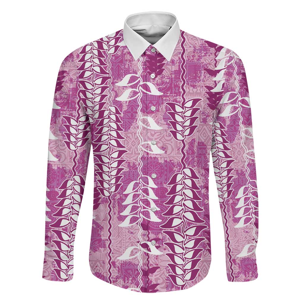 Magenta Hawaii Tapa Pattern Family Matching Mermaid Dress and Hawaiian Shirt With Heliconia Vintage Style LT05 Dad's Shirt - Long Sleeve Magenta - Polynesian Pride