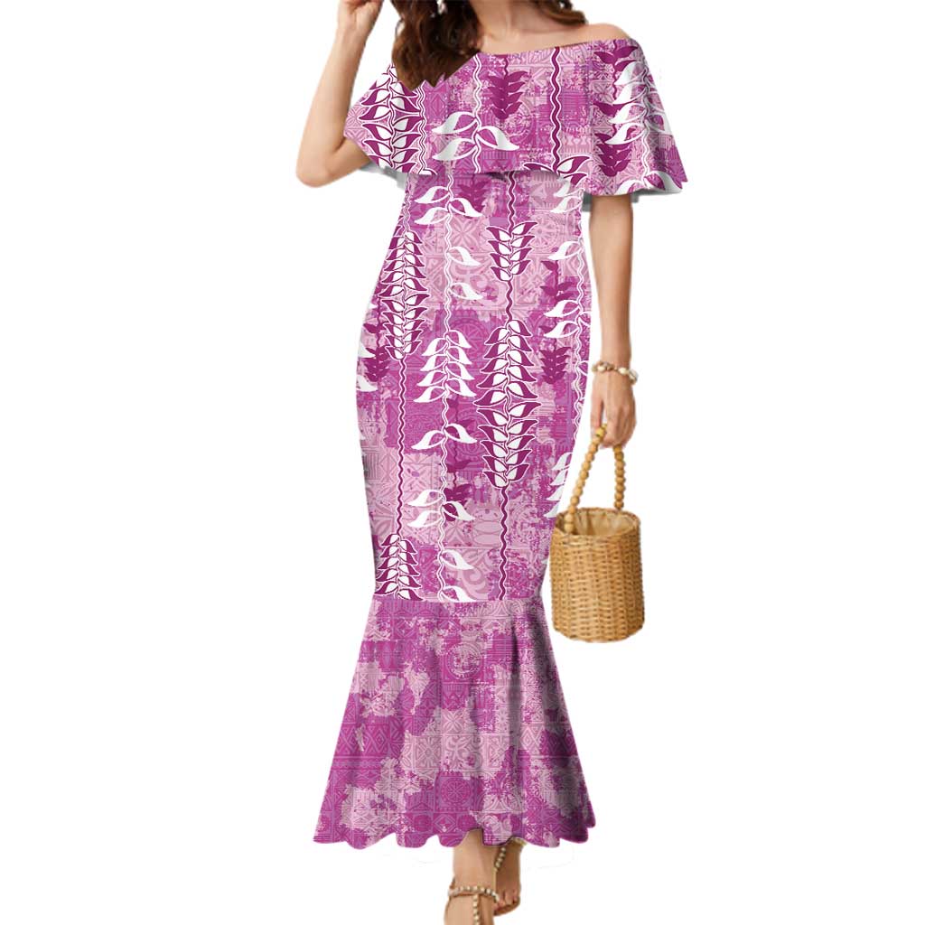 Magenta Hawaii Tapa Pattern Family Matching Mermaid Dress and Hawaiian Shirt With Heliconia Vintage Style LT05 Mom's Dress Magenta - Polynesian Pride