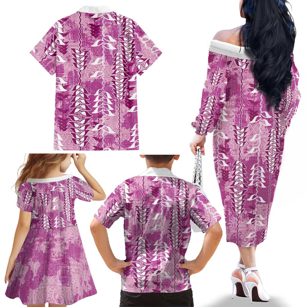 Magenta Hawaii Tapa Pattern Family Matching Off The Shoulder Long Sleeve Dress and Hawaiian Shirt With Heliconia Vintage Style LT05 - Polynesian Pride