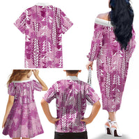 Magenta Hawaii Tapa Pattern Family Matching Off The Shoulder Long Sleeve Dress and Hawaiian Shirt With Heliconia Vintage Style LT05 - Polynesian Pride