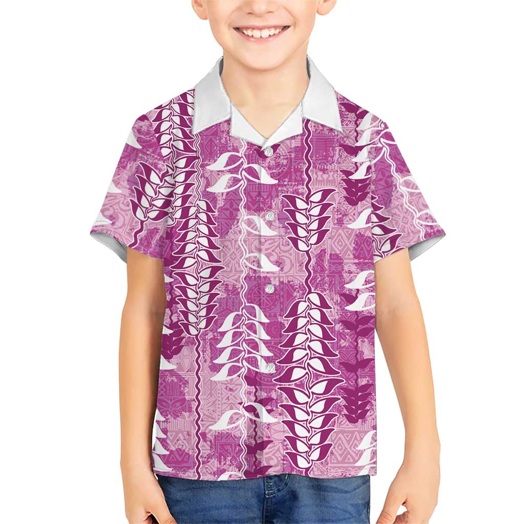 Magenta Hawaii Tapa Pattern Family Matching Off The Shoulder Long Sleeve Dress and Hawaiian Shirt With Heliconia Vintage Style LT05 Son's Shirt Magenta - Polynesian Pride
