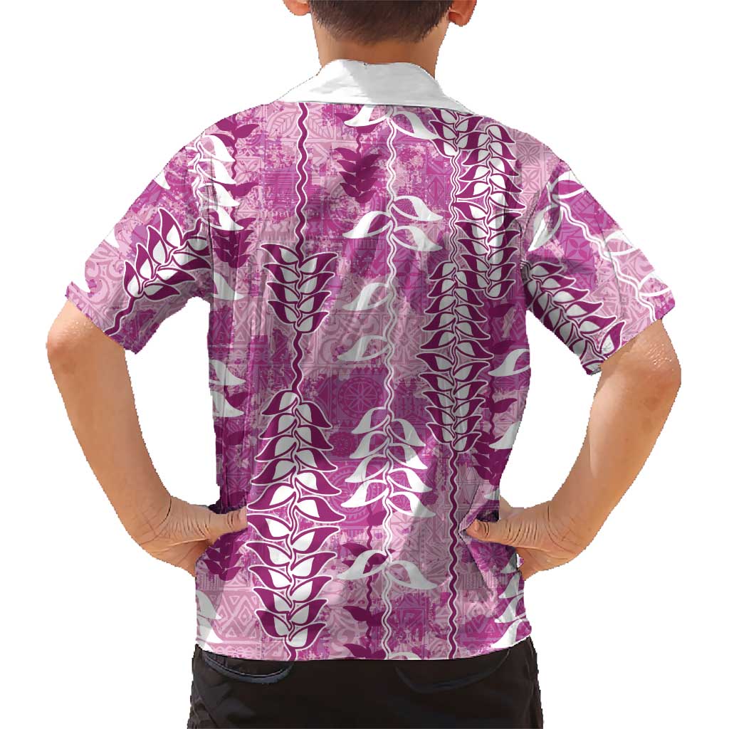 Magenta Hawaii Tapa Pattern Family Matching Off Shoulder Maxi Dress and Hawaiian Shirt With Heliconia Vintage Style