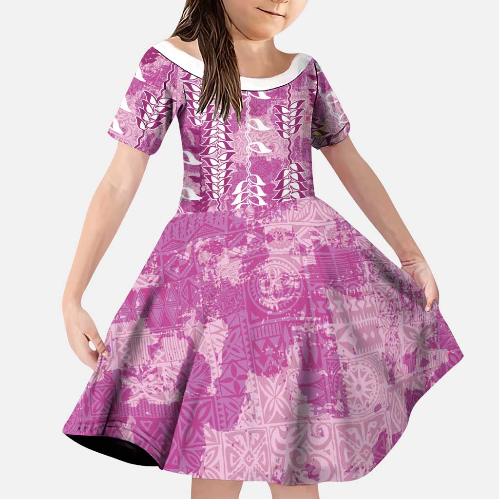 Magenta Hawaii Tapa Pattern Family Matching Off Shoulder Maxi Dress and Hawaiian Shirt With Heliconia Vintage Style